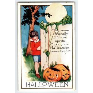 Whitney Vintage 1907-1915 Halloween Postcard Boy & Jack-O'-Lanterns Lithograph